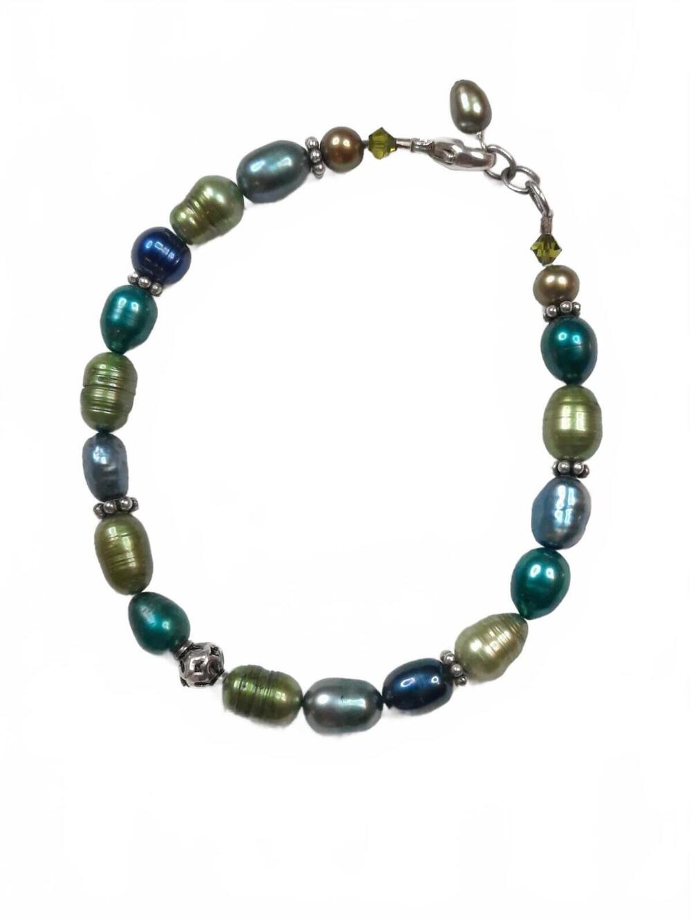 Honara Size 7" 925 Sterling Silver Blue & Green Pearl Bracelet